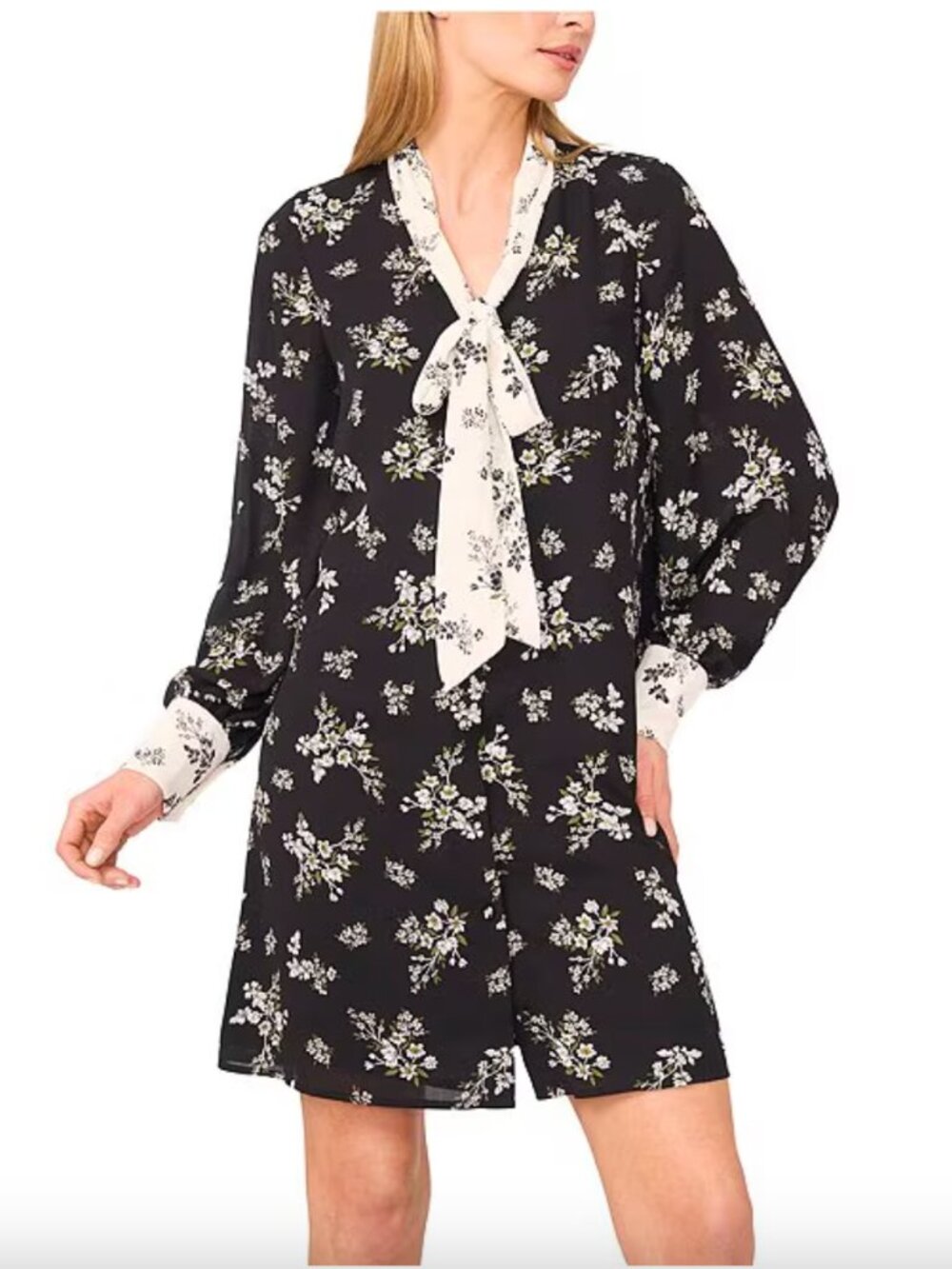 NWT CeCe Woven Floral Print Tie Neck Long Sleeve A-Line Dress - size S